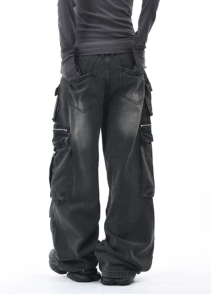 【OV】Multi-pocket silhouette washed denim cargo pants  OV0002