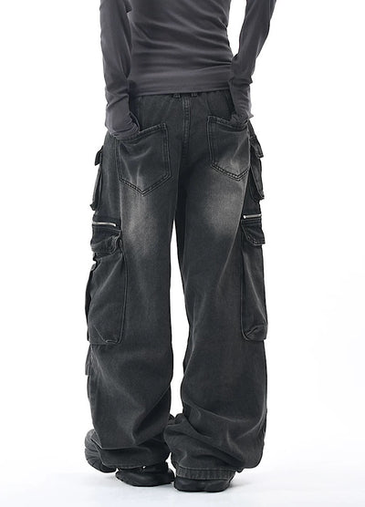 【OV】Multi-pocket silhouette washed denim cargo pants  OV0002