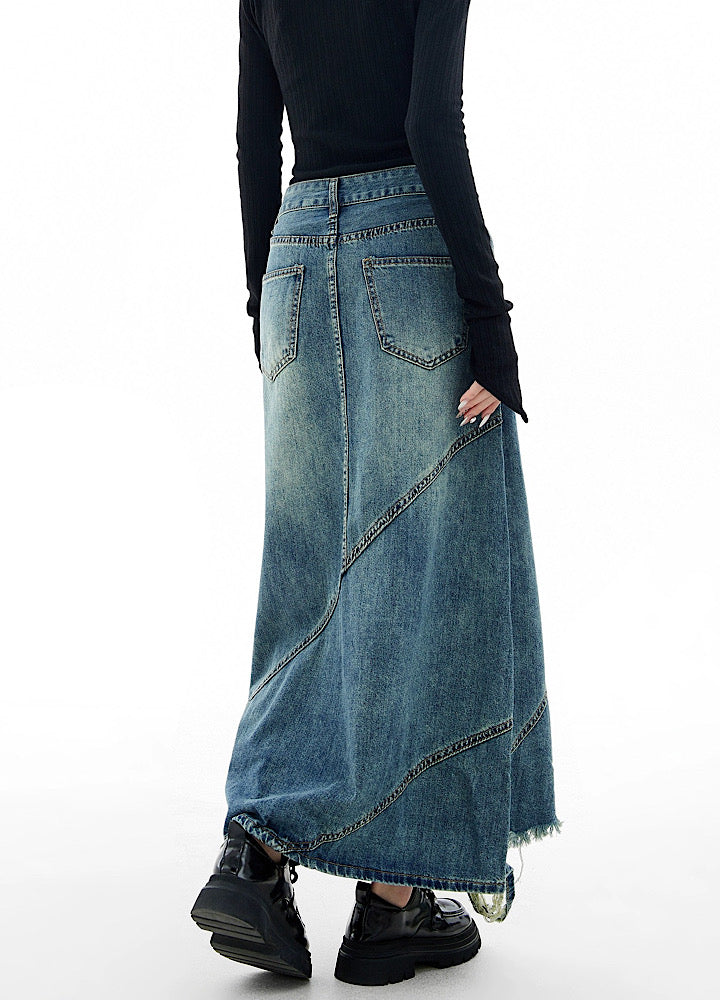 [EDX] Slit high distressed straight silhouette denim skirt EX0019