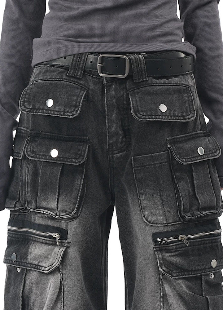 【OV】Multi-pocket silhouette washed denim cargo pants  OV0002