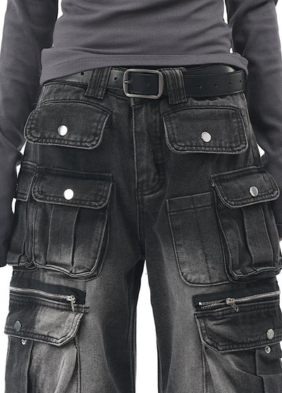 【OV】Multi-pocket silhouette washed denim cargo pants  OV0002