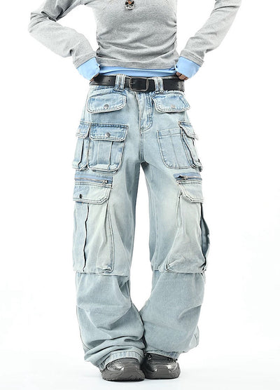 【OV】Multi-pocket silhouette washed denim cargo pants  OV0002