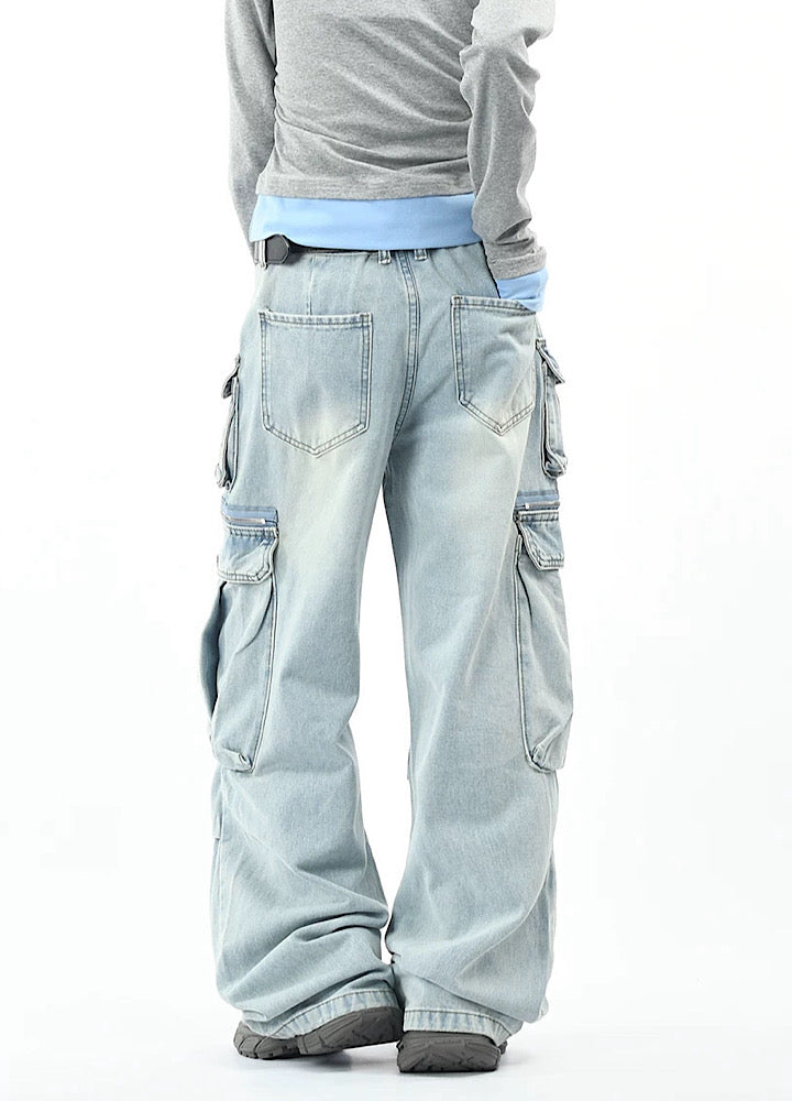 【OV】Multi-pocket silhouette washed denim cargo pants  OV0002