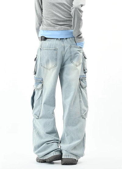 【OV】Multi-pocket silhouette washed denim cargo pants  OV0002