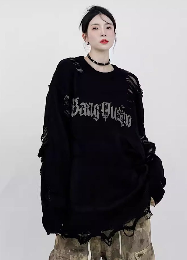 Full over damaged subculture design loose knit sweater  HL2996
