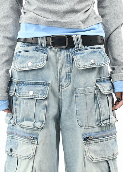 【OV】Multi-pocket silhouette washed denim cargo pants  OV0002