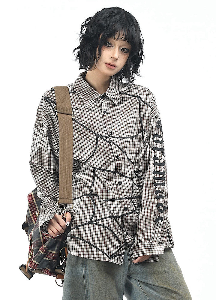 【OV】Spider web illustration design muted color long sleeve shirt  OV0004