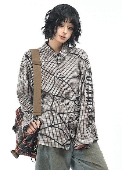 【OV】Spider web illustration design muted color long sleeve shirt  OV0004