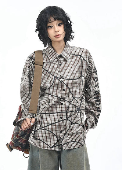 【OV】Spider web illustration design muted color long sleeve shirt  OV0004