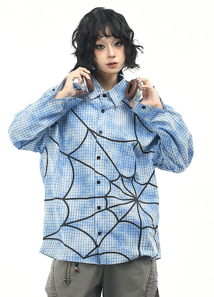 【OV】Spider web illustration design muted color long sleeve shirt  OV0004