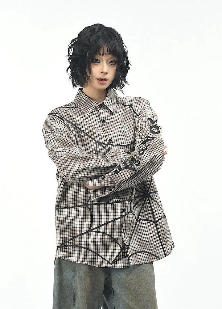 【OV】Spider web illustration design muted color long sleeve shirt  OV0004