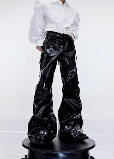 【Culture E】Waist cross gimmick leather high wide pants  CE0084