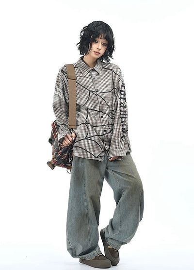 【OV】Spider web illustration design muted color long sleeve shirt  OV0004