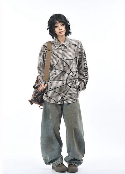 【OV】Spider web illustration design muted color long sleeve shirt  OV0004