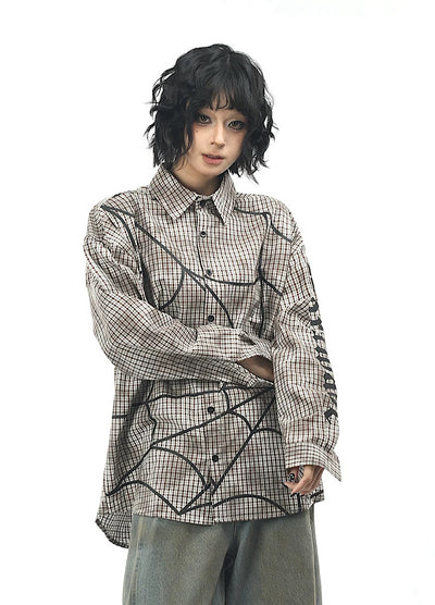 【OV】Spider web illustration design muted color long sleeve shirt  OV0004