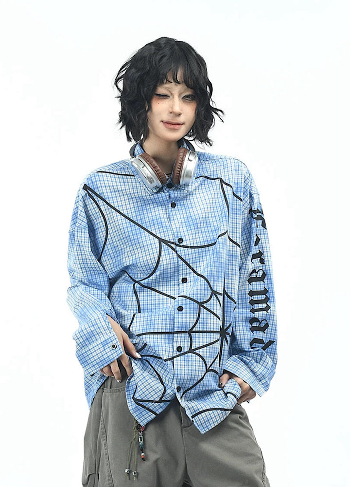 【OV】Spider web illustration design muted color long sleeve shirt  OV0004