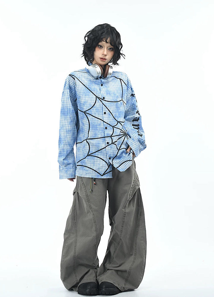 【OV】Spider web illustration design muted color long sleeve shirt  OV0004