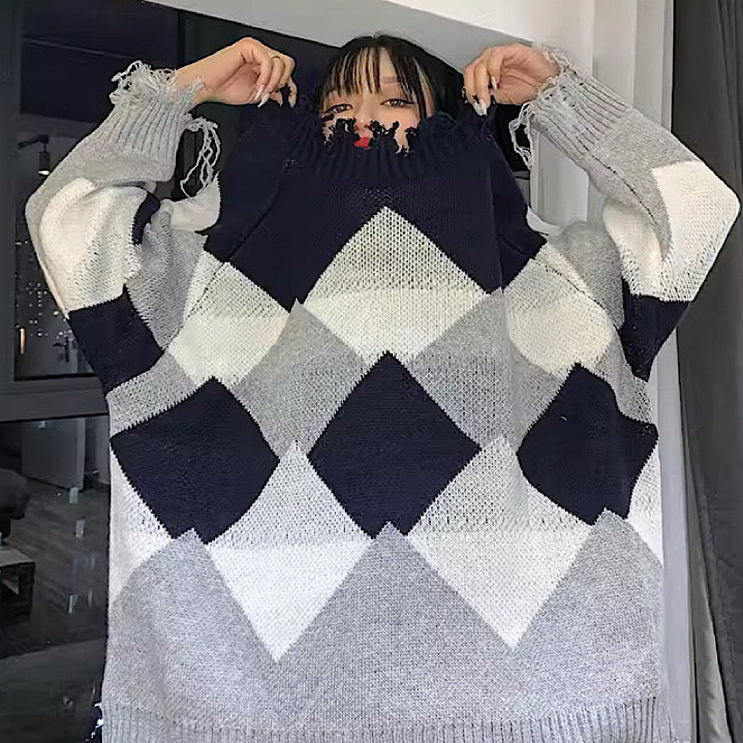 【Rouge】Sharp border design hem damage knit sweater  RG0005