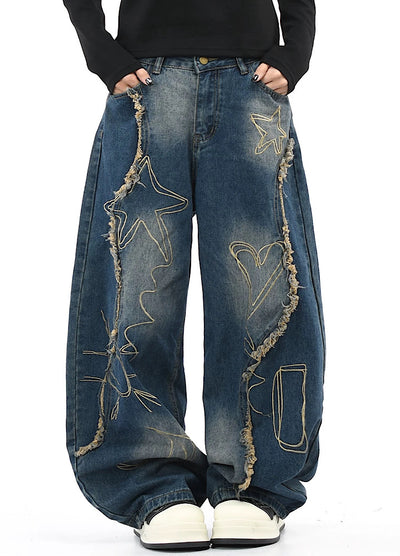 【OV】Graffiti-style fringe distressed washed wide denim pants  OV0005