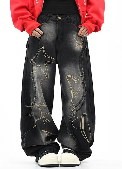 【OV】Graffiti-style fringe distressed washed wide denim pants  OV0005
