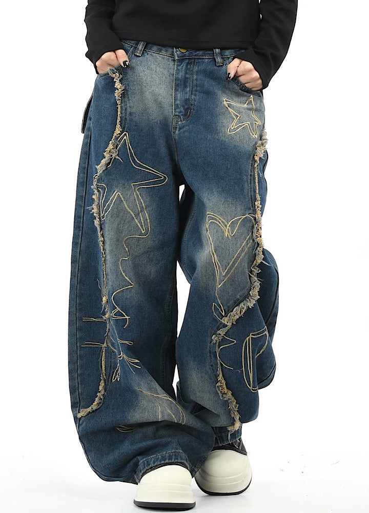 【OV】Graffiti-style fringe distressed washed wide denim pants  OV0005