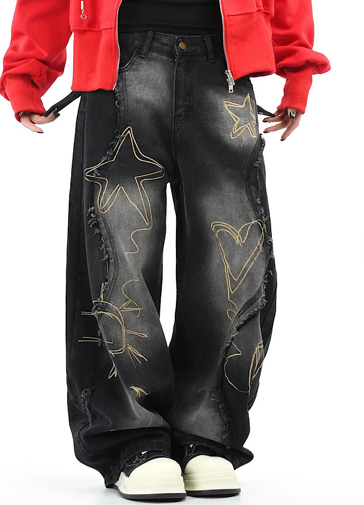 【OV】Graffiti-style fringe distressed washed wide denim pants  OV0005