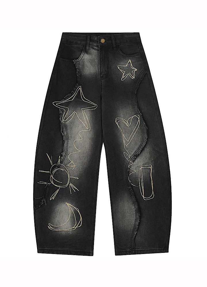 【OV】Graffiti-style fringe distressed washed wide denim pants  OV0005