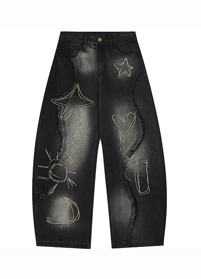 【OV】Graffiti-style fringe distressed washed wide denim pants  OV0005
