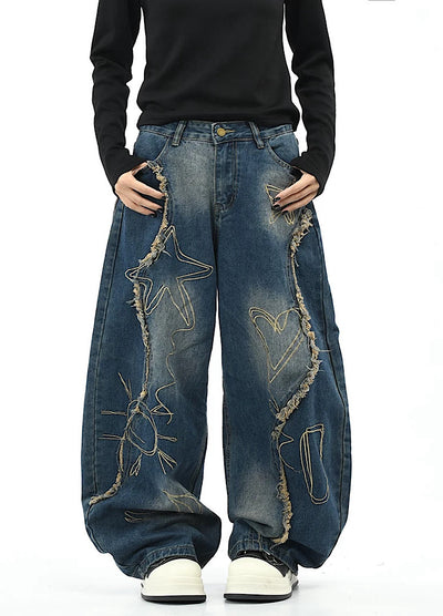 【OV】Graffiti-style fringe distressed washed wide denim pants  OV0005