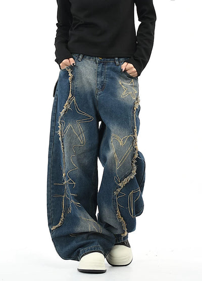 【OV】Graffiti-style fringe distressed washed wide denim pants  OV0005