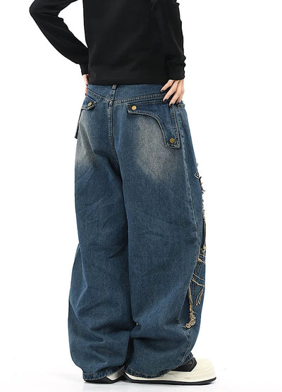 【OV】Graffiti-style fringe distressed washed wide denim pants  OV0005