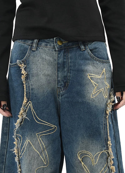 【OV】Graffiti-style fringe distressed washed wide denim pants  OV0005