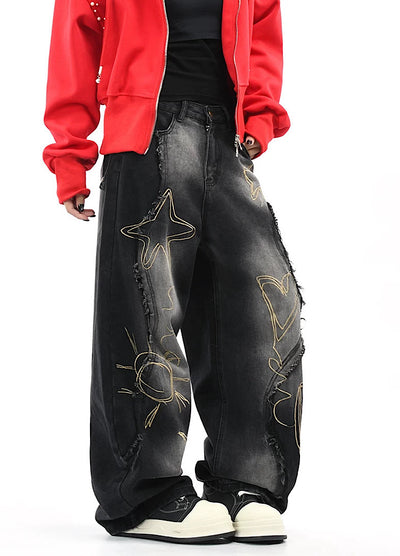 【OV】Graffiti-style fringe distressed washed wide denim pants  OV0005