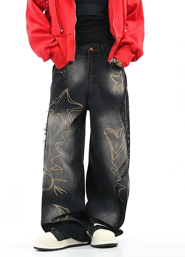 【OV】Graffiti-style fringe distressed washed wide denim pants  OV0005