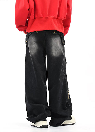 【OV】Graffiti-style fringe distressed washed wide denim pants  OV0005