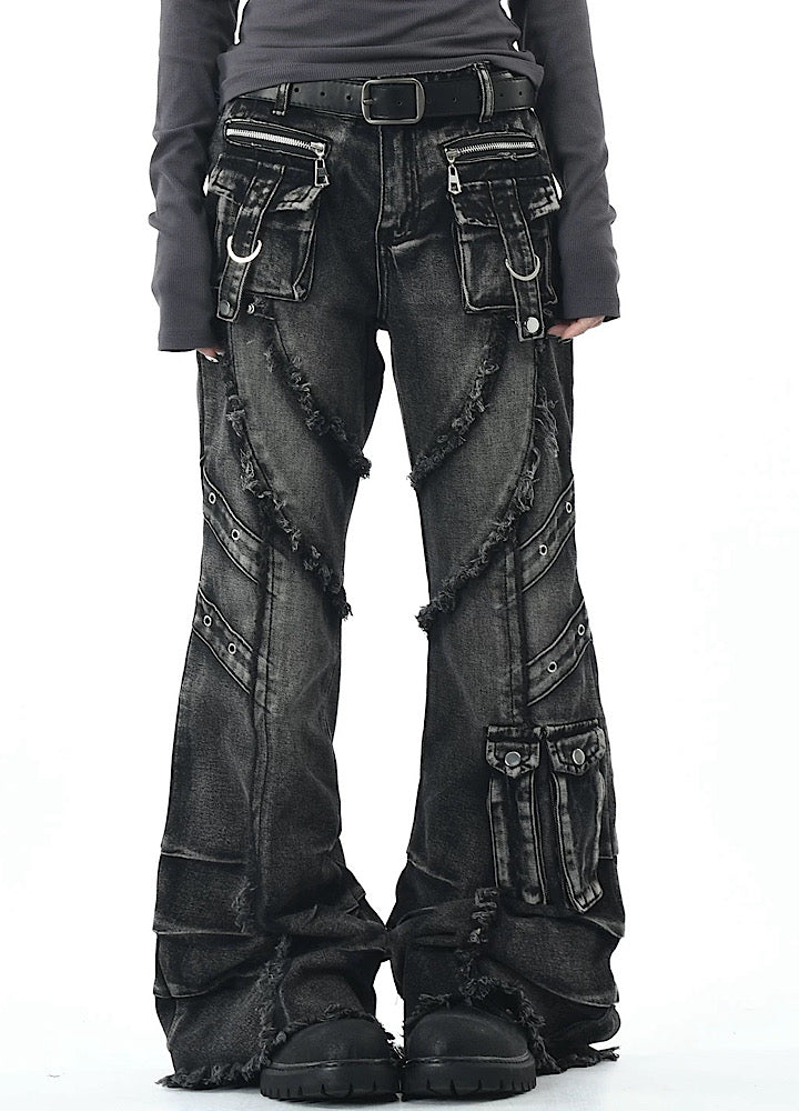 【OV】Punk multi-pocket design fringe flared denim pants  OV0006