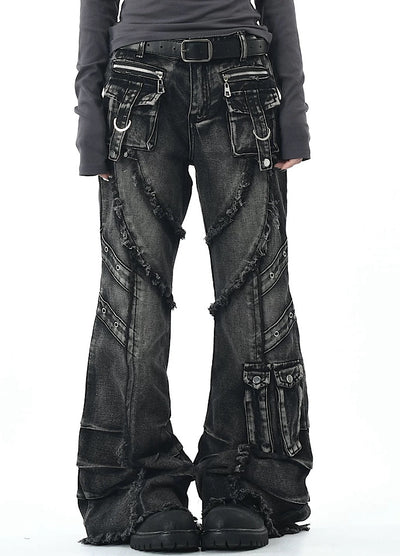 【OV】Punk multi-pocket design fringe flared denim pants  OV0006
