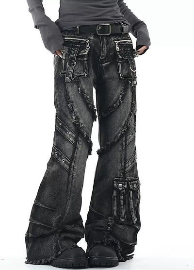 【OV】Punk multi-pocket design fringe flared denim pants  OV0006