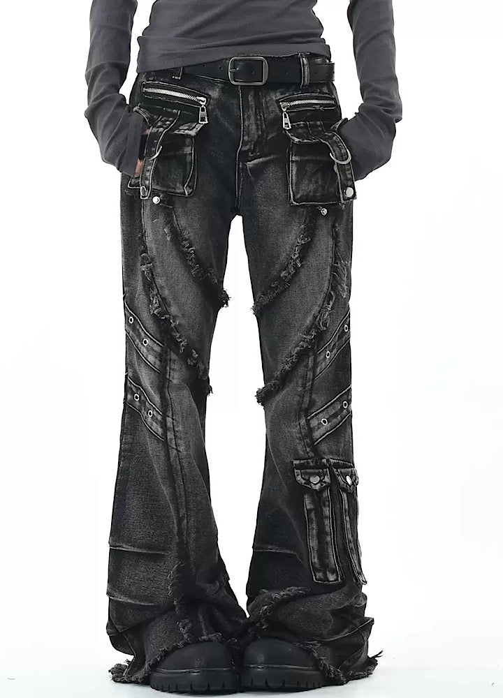 【OV】Punk multi-pocket design fringe flared denim pants  OV0006