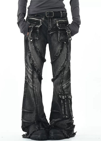 【OV】Punk multi-pocket design fringe flared denim pants  OV0006
