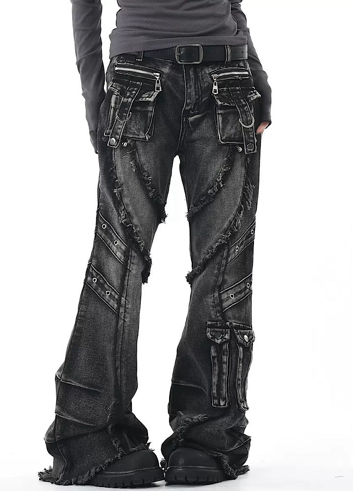 【OV】Punk multi-pocket design fringe flared denim pants  OV0006