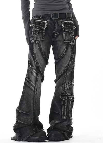 【OV】Punk multi-pocket design fringe flared denim pants  OV0006