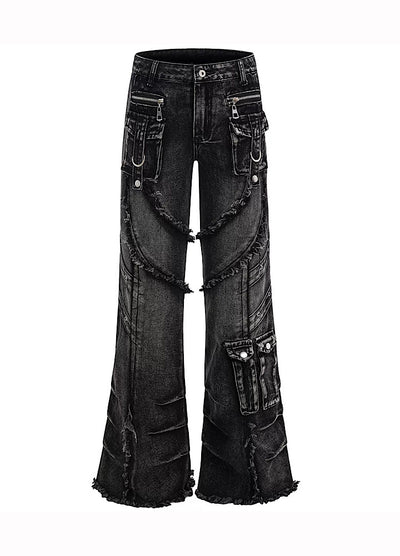 【OV】Punk multi-pocket design fringe flared denim pants  OV0006