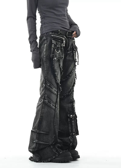 【OV】Punk multi-pocket design fringe flared denim pants  OV0006