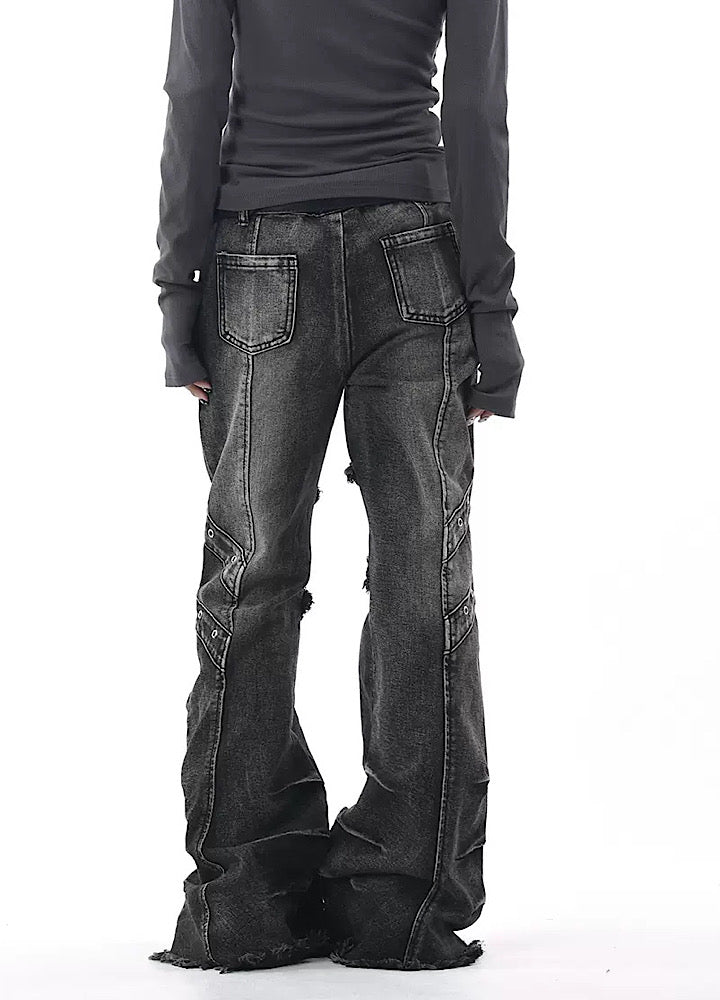 【OV】Punk multi-pocket design fringe flared denim pants  OV0006
