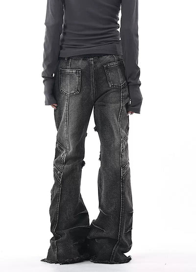 【OV】Punk multi-pocket design fringe flared denim pants  OV0006