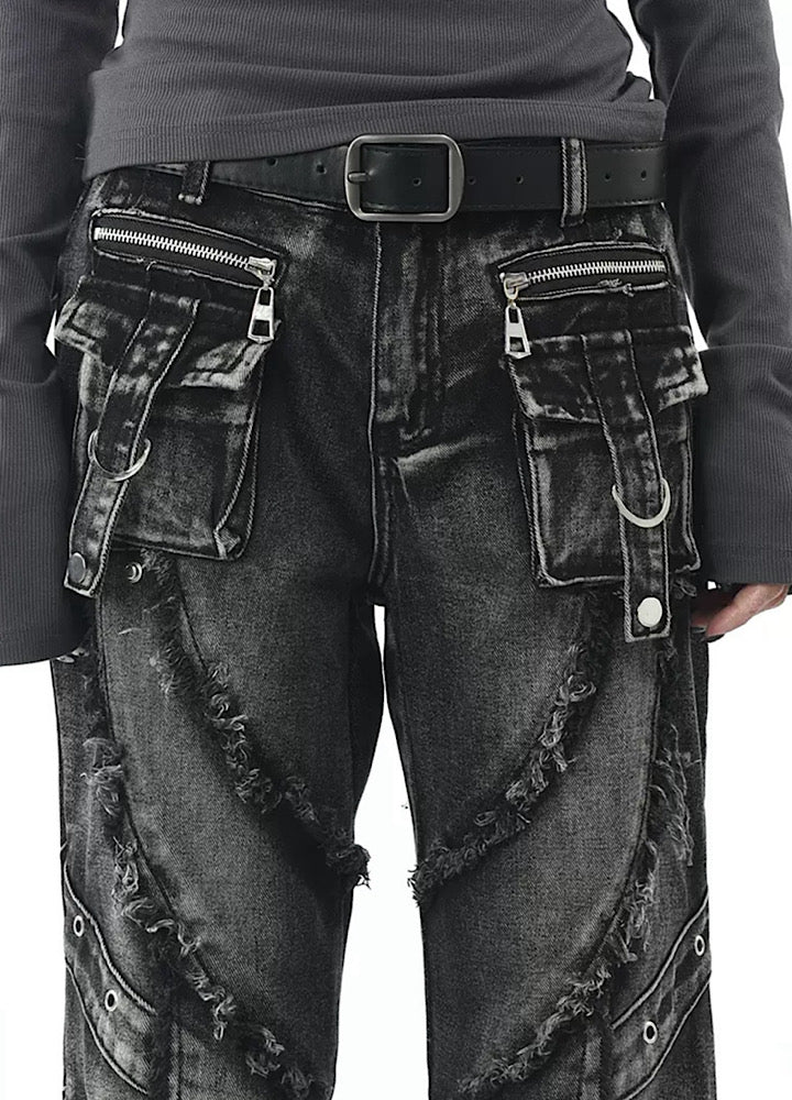 【OV】Punk multi-pocket design fringe flared denim pants  OV0006