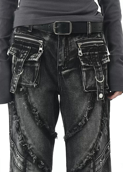 【OV】Punk multi-pocket design fringe flared denim pants  OV0006