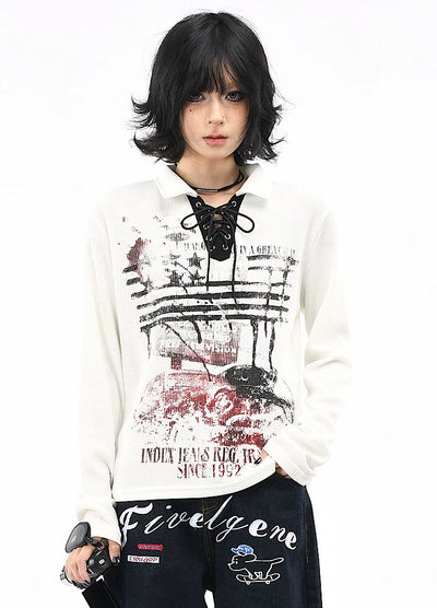 【OV】Grunge style lace front long sleeve polo shirt  OV0008
