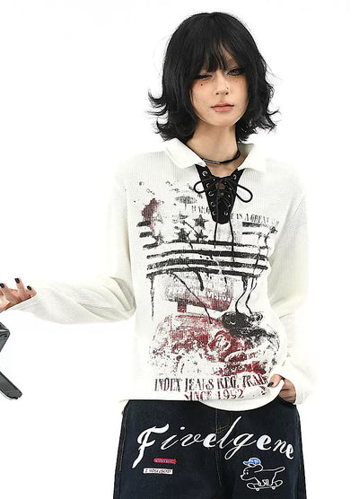 【OV】Grunge style lace front long sleeve polo shirt  OV0008